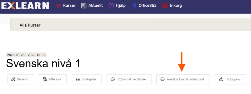 Knappen Kontakta Elev-/Kundsupport inne i en kurs i Exlearn