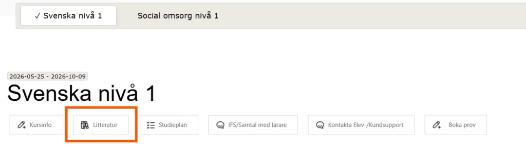 Knappen Litteratur markerad inne i en kurs i Exlearn